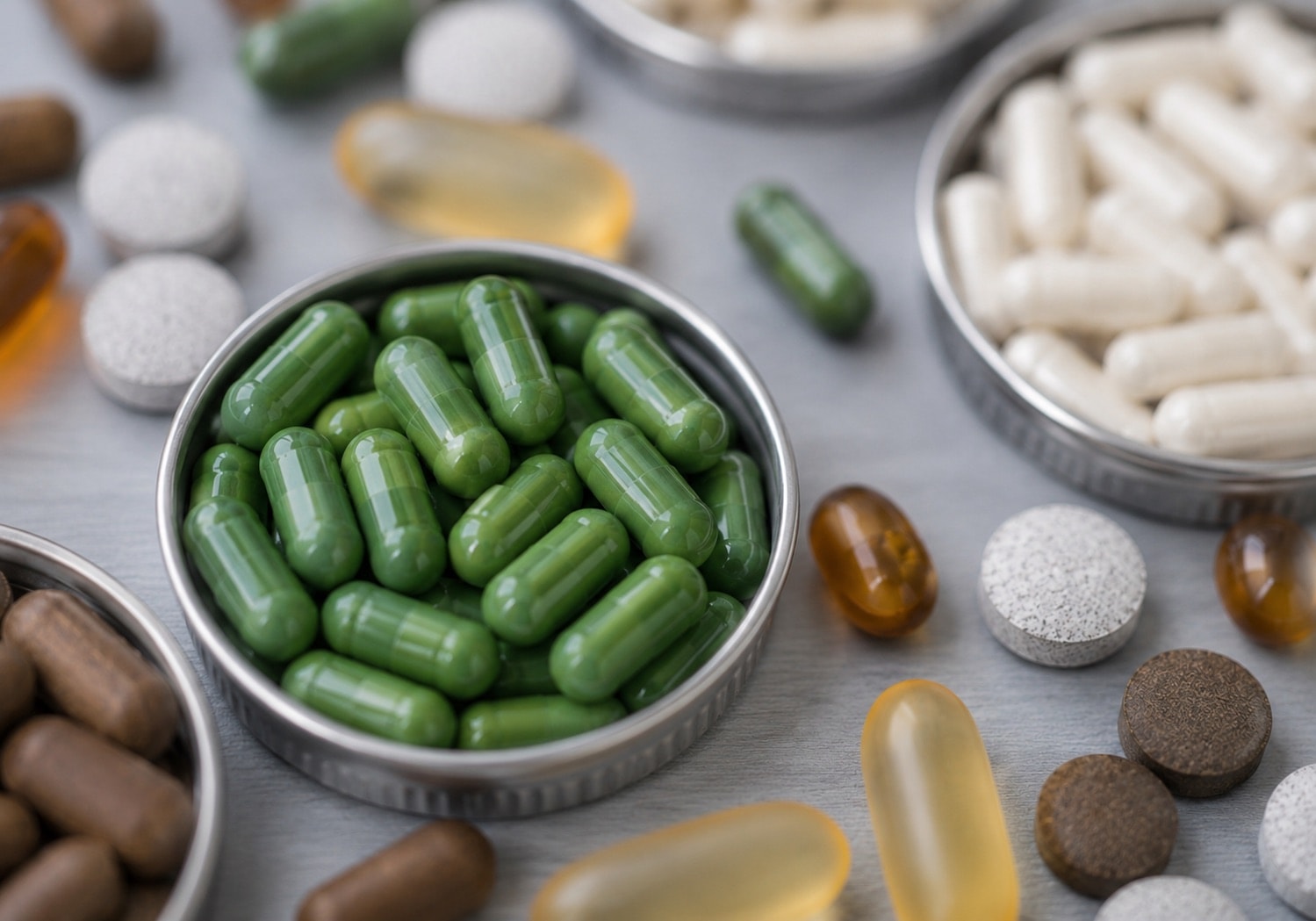 Green and white capsules, softgels and tablets arranged in metal tins