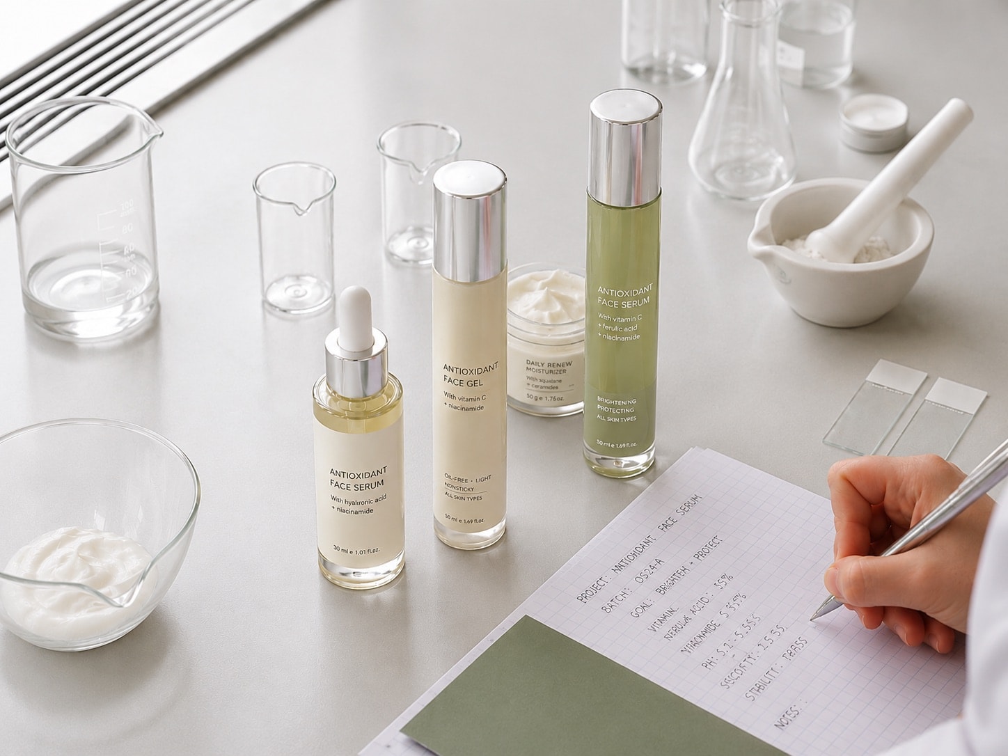 Serum and moisturiser formulations on a laboratory bench, beside beakers and a mortar, as a researcher writes up batch notes