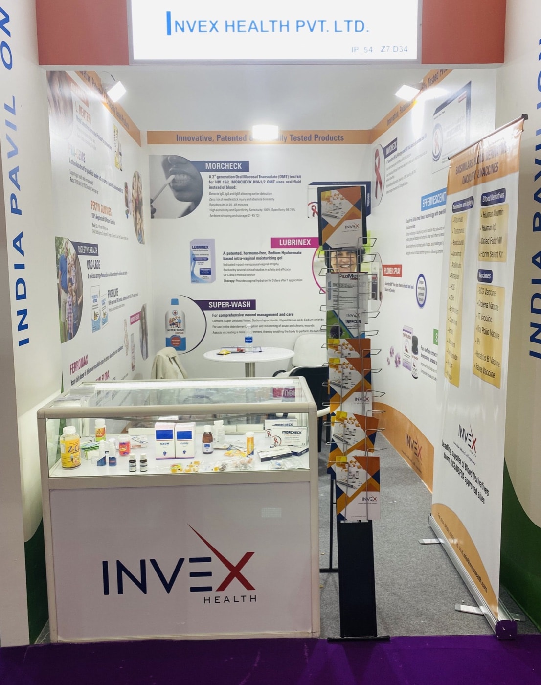 The Invex Health counter and product display in the India Pavilion at Arab Health Dubai