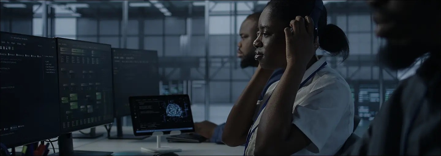 Colleagues working at monitors in a low-lit office, one of them taking a call on a headset